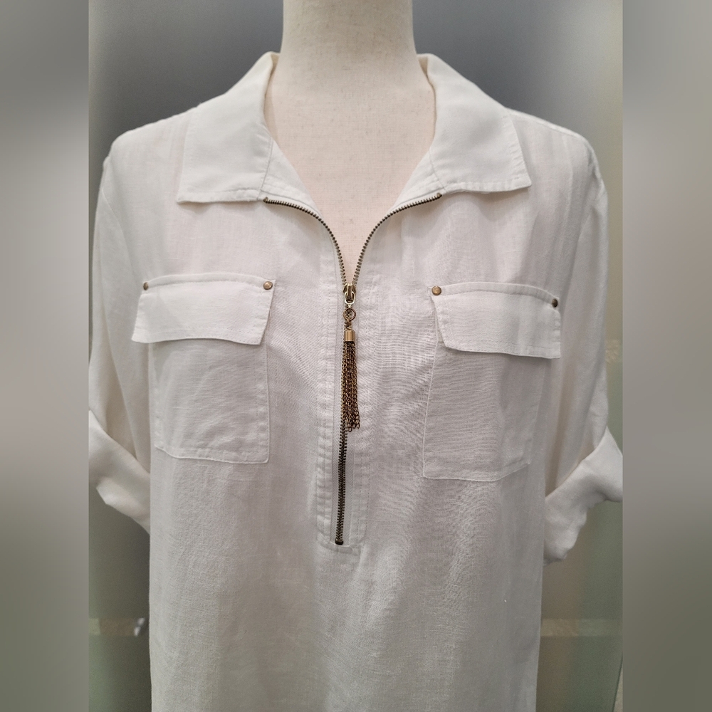 Ellen Tracy 100% White Linen Zip-Front Rolled-Sleeve Tunic Blouse size L - Picture 2 of 12
